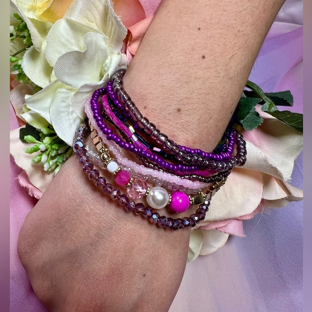 Royal Raspberry Beaded‎ Bracelet Stack with Elastic OS - Picture 6 of 10